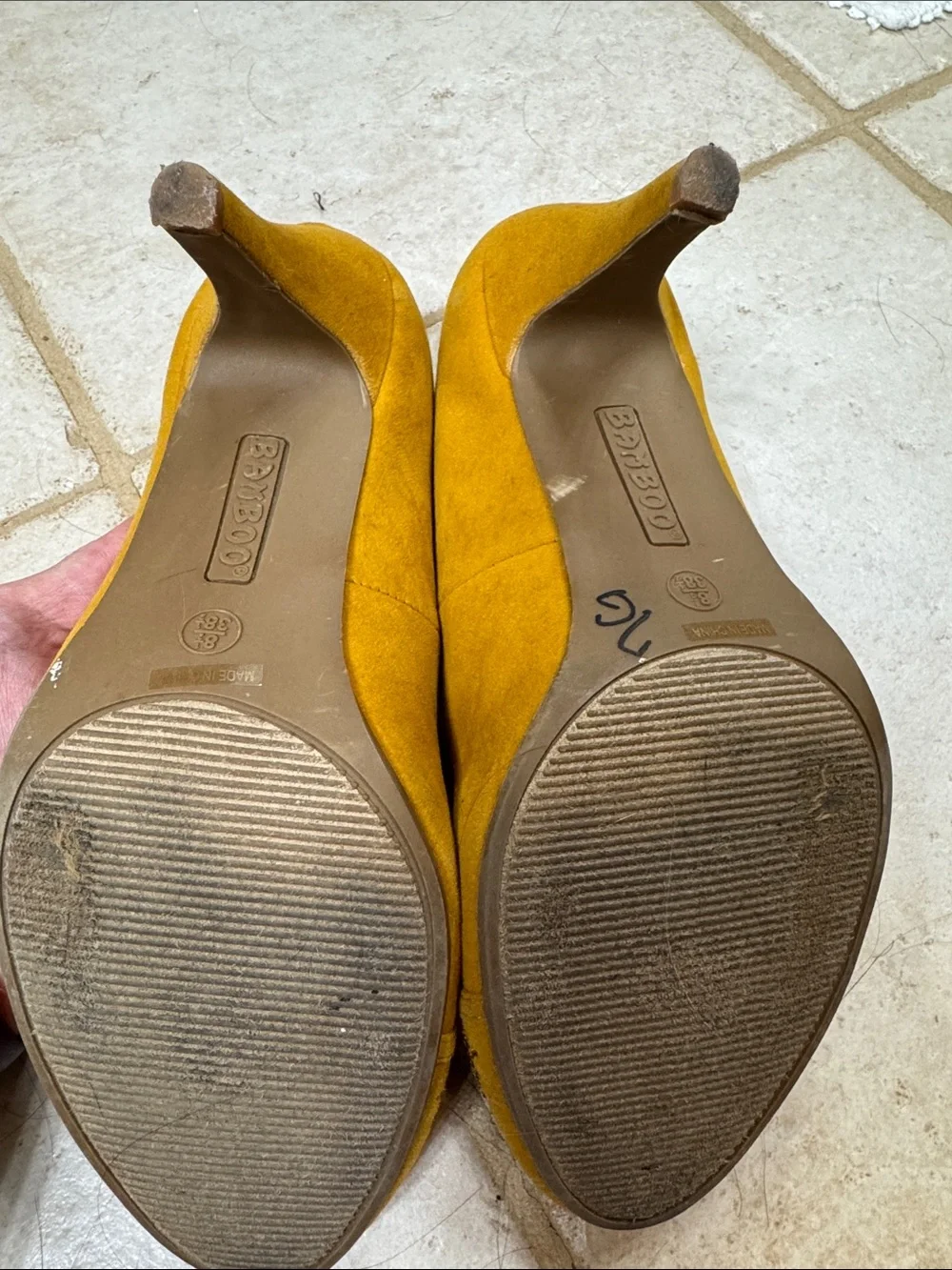 BAMBOO Mustard Yellow Embellished Bow Pointed Toe Heels